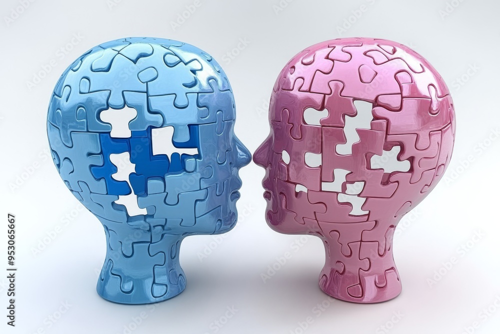 Poster pink and blue puzzle brain models representing cognitive connectivity intellectual symmetry and the 