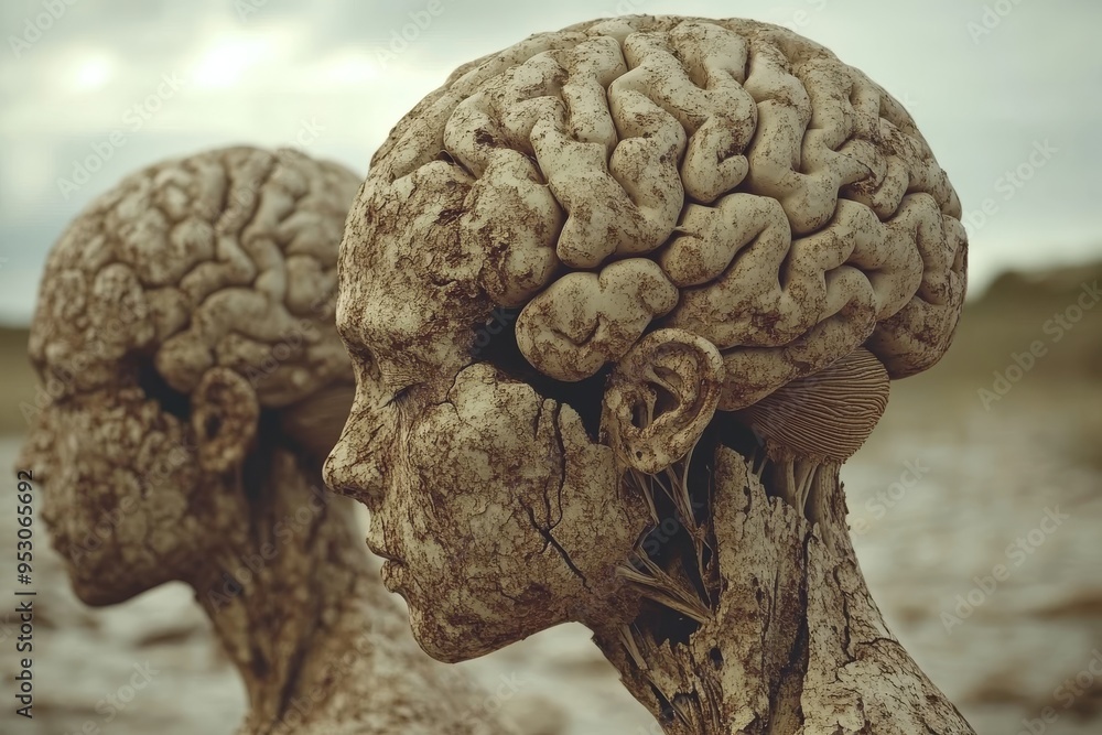Poster eroded stone heads with brain patterns symbolizing cognitive decay intellectual erosion and the frag