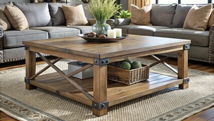 Rustic Farmhouse Furniture square wooden coffee tables with metal accents