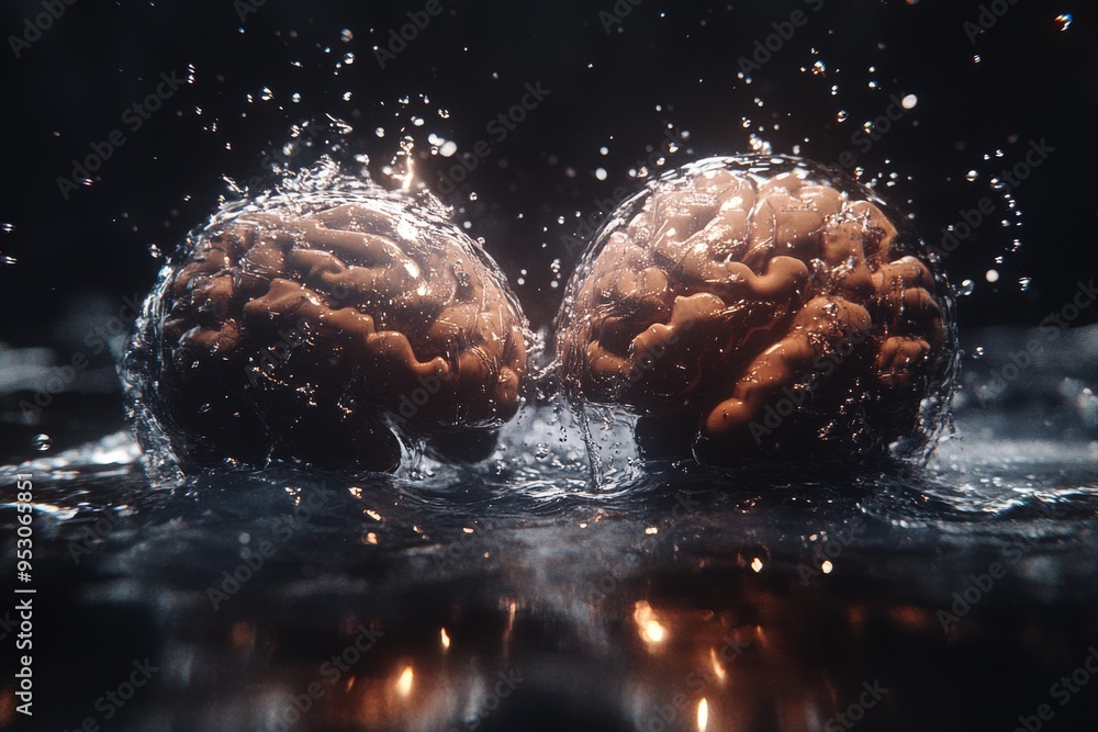 Poster clashing brain models in dynamic motion representing cognitive conflict intellectual tension and the