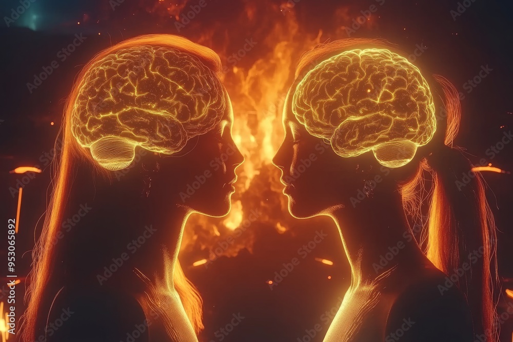 Poster Fiery Brain Silhouettes in Warm Glow Representing Cognitive Connection Intellectual Passion and the Power of Thought in Relationships