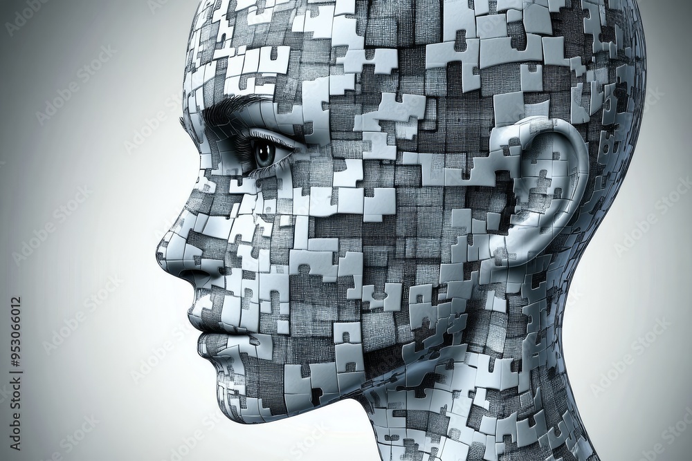 Poster digital woman with pixelated face representing cognitive fragmentation intellectual erosion and the 