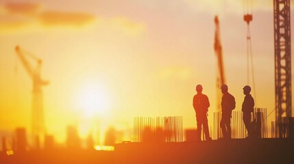 Silhouette of engineer and construction team working at site over blurred background pastel sunset for industry background with nice Light fair