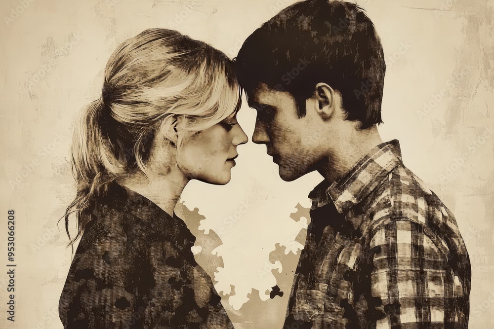 Poster vintage couple with puzzle brain patterns representing cognitive connection intellectual bonding and