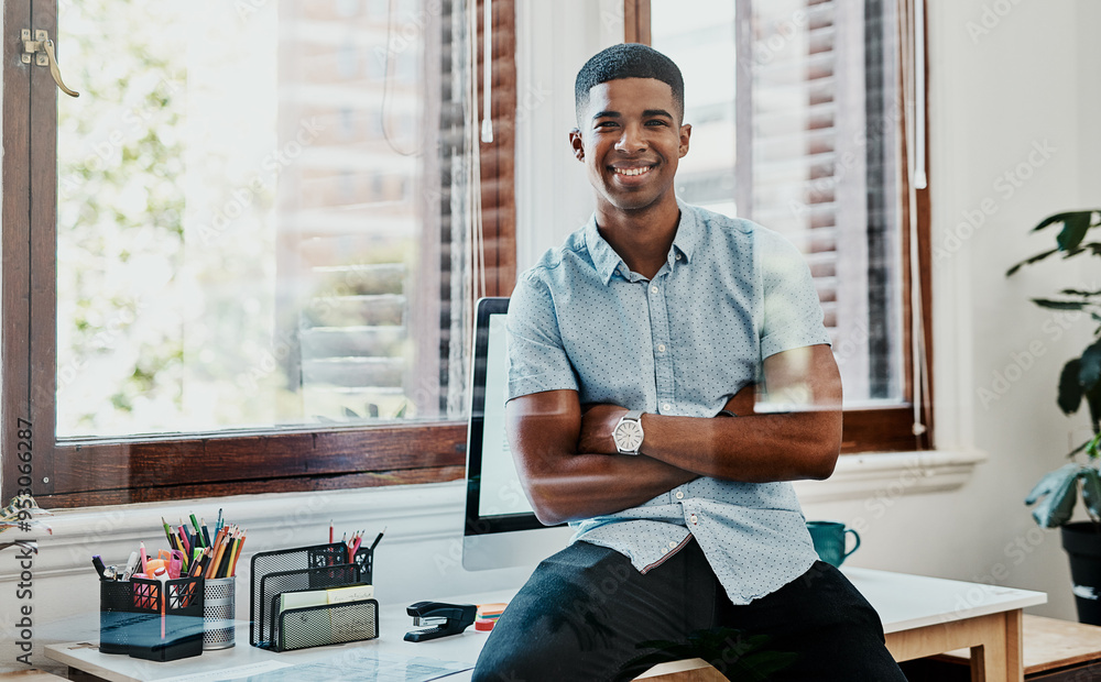 Wall mural Portrait, African man and office with confidence, smile and project management in Egypt as professional. Male person, employee and arms crossed as staff, creative and web designer in digital agency