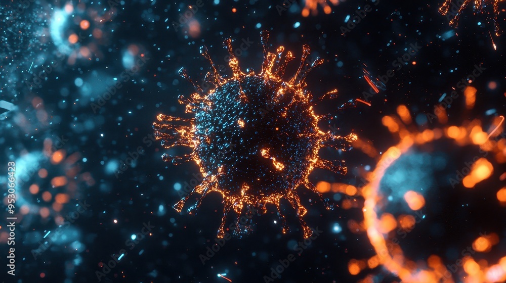 Poster abstract virus particle with glowing spikes and blue particles