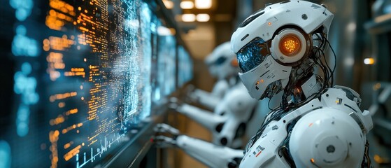 Fototapeta premium Futuristic AI Robot in High-Tech Lab with Holographic Earth Display