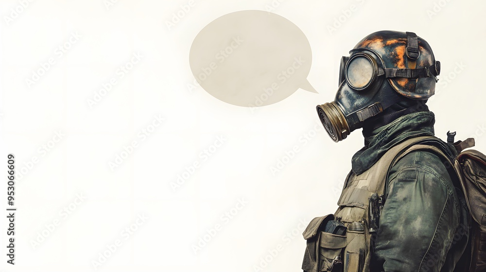 Wall mural Soldier in Gas Mask with Speech Bubble for Text