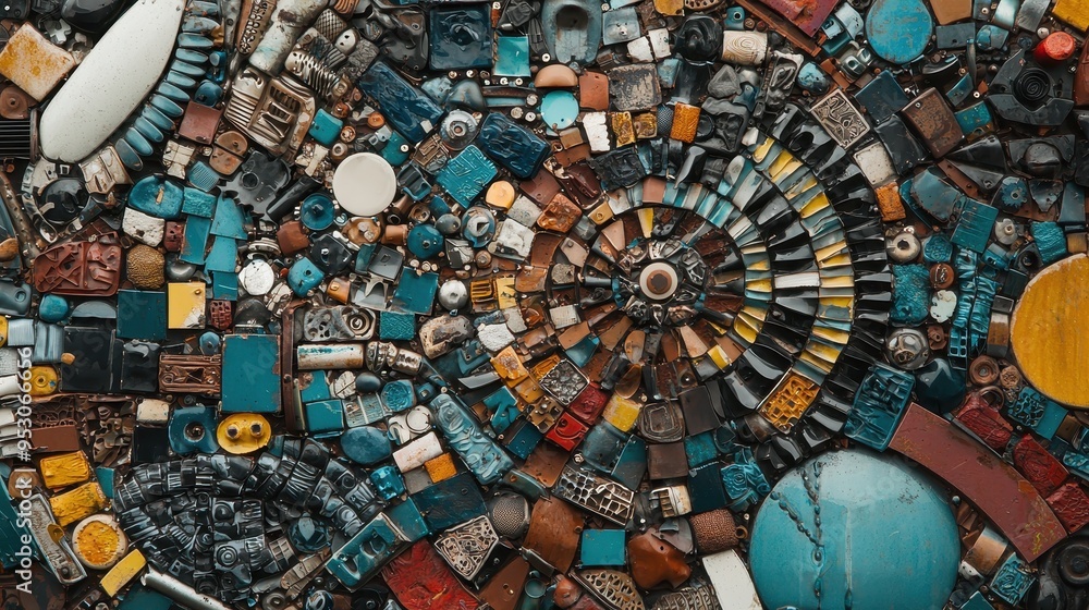 Poster colorful mosaic pattern with recycled objects and geometric shapes