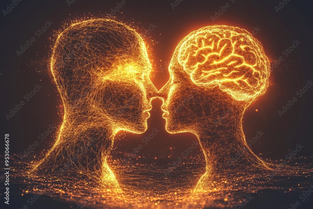 Poster glowing brain silhouettes with neural pathways representing cognitive connectivity intellectual symm