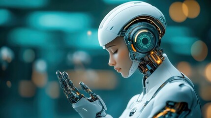 Naklejka premium Humanoid Robot in Futuristic Cyberpunk Setting