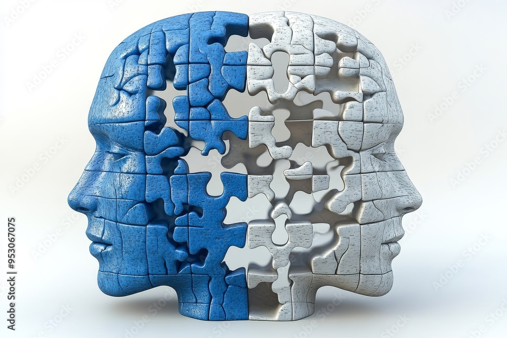 Poster an abstract representation of the human brain as a 3d puzzle with interlocking pieces symbolizing co