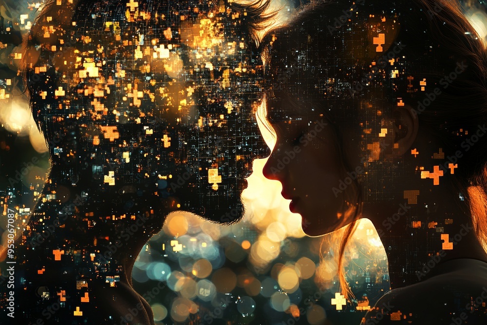 Poster an artistic fusion of two faces in profile composed of glowing puzzle pieces symbolizing deep emotio