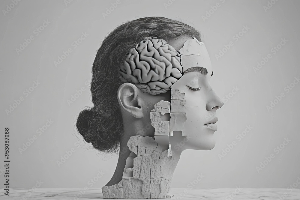 Aufkleber a minimalist grayscale portrait of a woman with a segmented brain depicting the fragmentation of tho