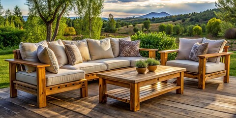 Obraz premium rustic farmhouse outdoor furniture with natural cedar wood frame and comfortable pillow cushions