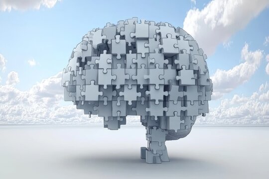 An abstract image of a puzzle like brain made from clouds floating in the sky symbolizing the expansive nature of imagination thought and the endless possibilities of the human mind