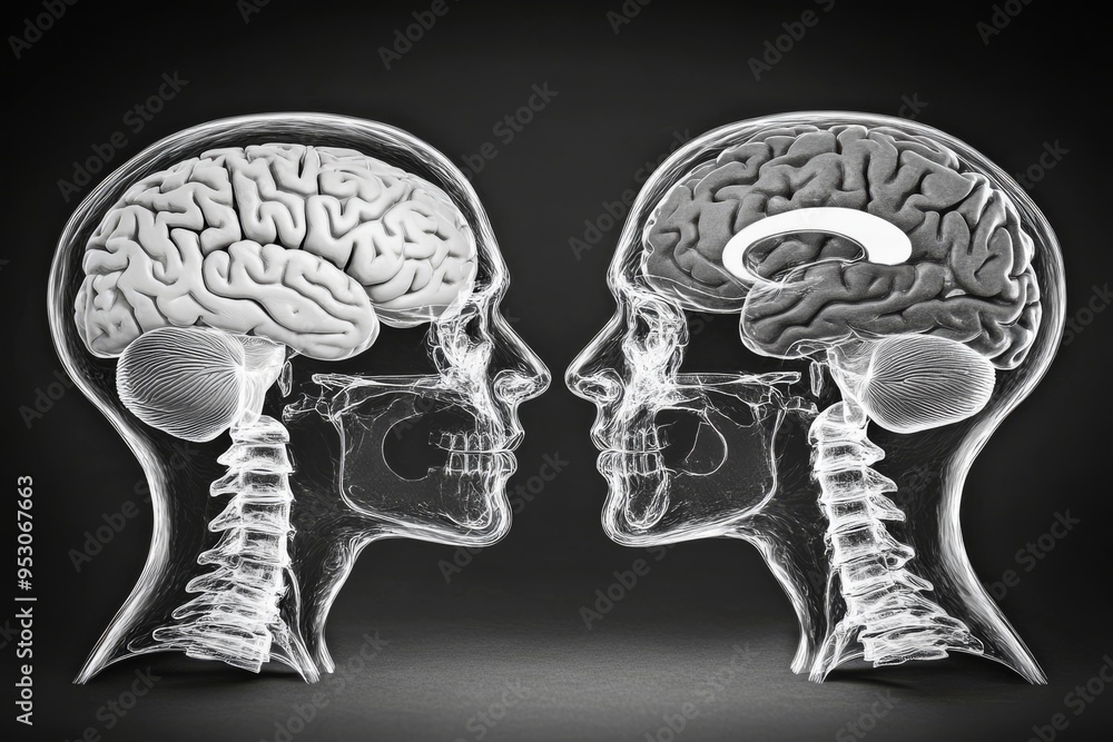 Poster a futuristic x ray style illustration of two human heads with visible brain structures representing 