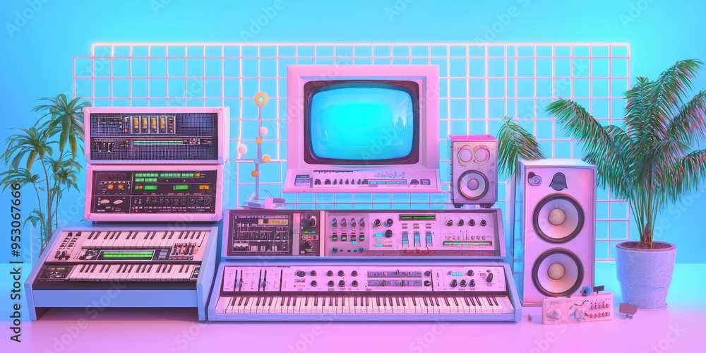 Poster retro synth studio with palm trees and neon lights