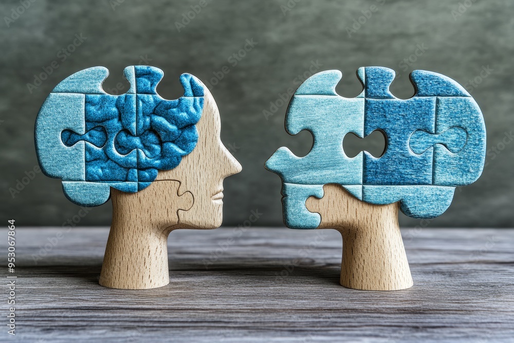 Poster wooden puzzle pieces shaped like human heads facing each other on a wooden surface symbolizing commu