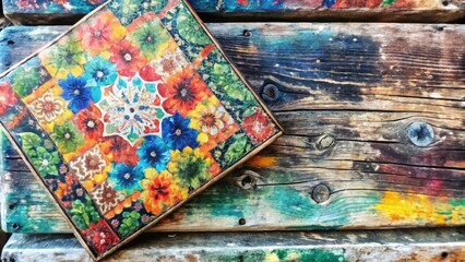 Colorful Floral Tile on Weathered Wood