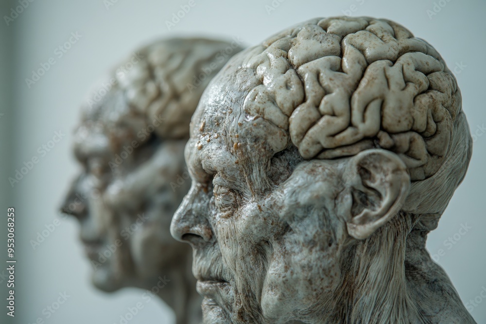 Poster a detailed sculpture of an elderly man and woman with visible brain structures emphasizing the compl