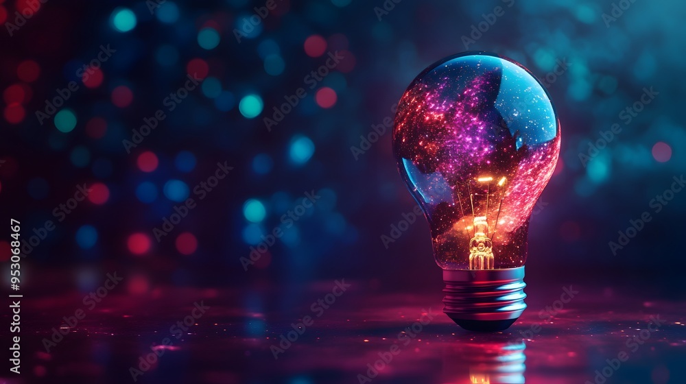 Poster glowing light bulb with galaxy inside on abstract background