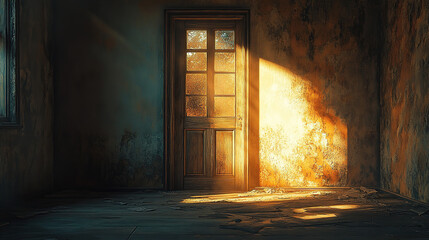 An old wooden door is open, casting shadows on the wall behind it