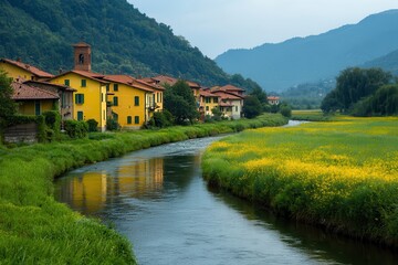 Fototapeta premium A calm river flowing through a small village during Assumption Day in Italy. 