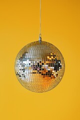 Silver disco ball hanging with lighting reflections on yellow background