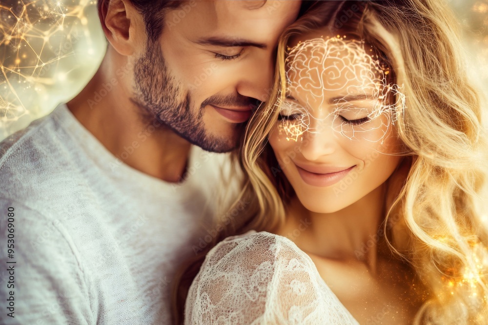 Aufkleber embracing neural love a couple’s intimate connection highlighted through the visualization of brain 