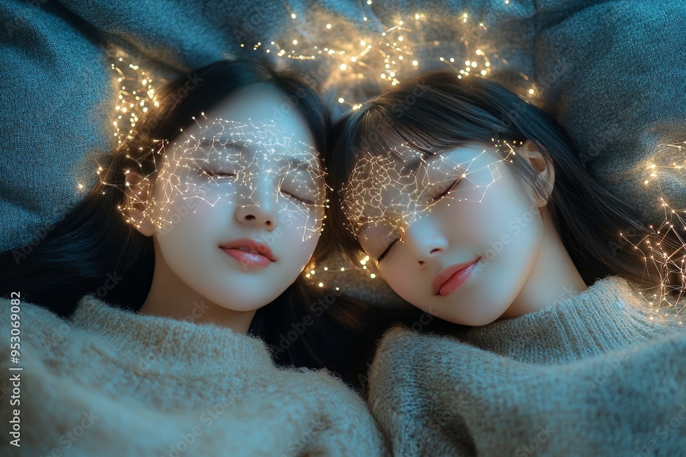 Poster dreamy cognitive connection twin souls sharing neural thoughts in a tranquil setting of sleep and br