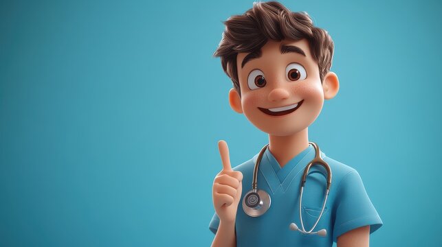 3D render of a Caucasian young man nurse cartoon character in a blue shirt holding a clipboard with a forefinger up against a blue background, representing a solution to a medical problem.