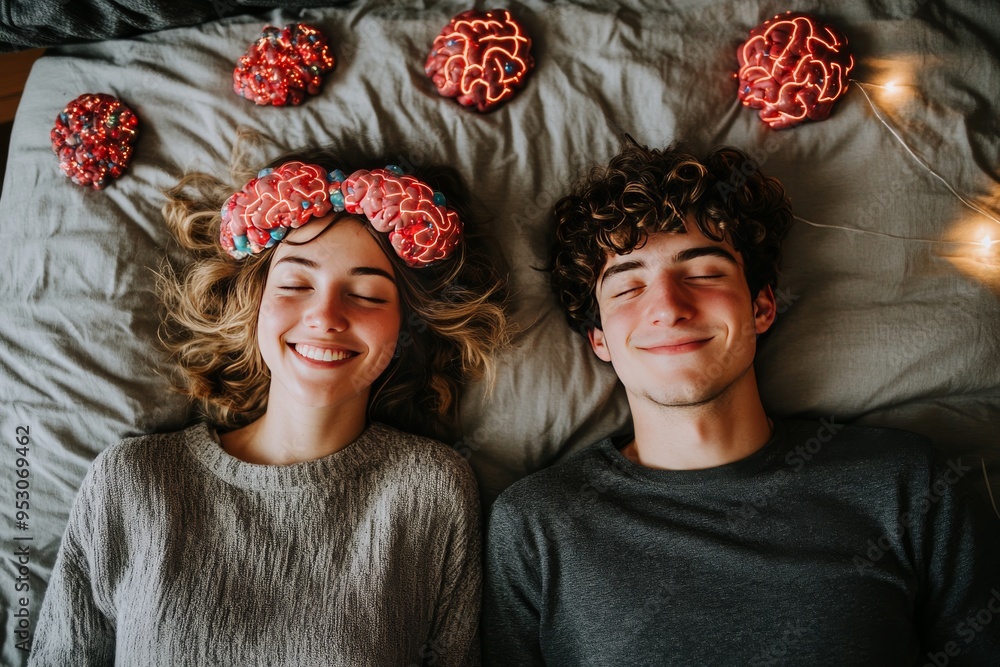 Aufkleber brain in the clouds visualizing a couple’s connection as they share neural thoughts in a peaceful dr