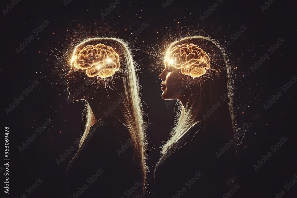 Poster twin souls twin minds a dual brain visualization capturing the harmony and symmetry of two connected