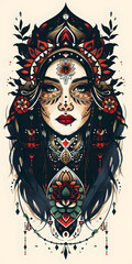 Tribal Witch tattoo flash styles illustration