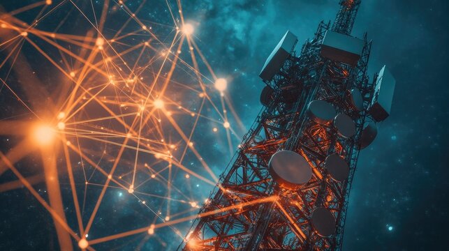 A telecommunications tower surrounded by a digital network visualization.