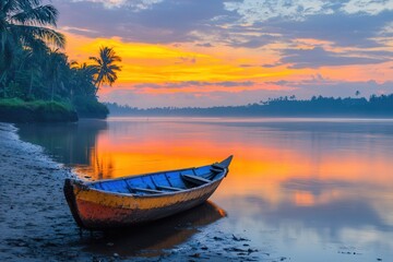 Calm riverbank at sunrise during Kuningan celebration in Bali, Indonesia. -