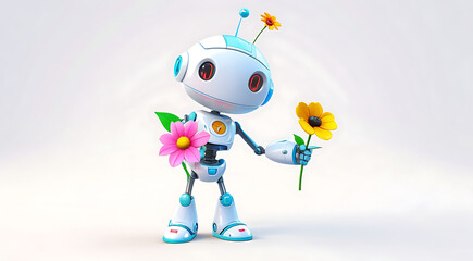 Fototapeta premium A cute 3D model of a smiling robot holding a flower, with a simple, clean white background and plenty of copy space, symbolizing technology with a touch of humanity.