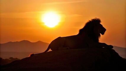 Naklejka premium Silhouette of a Lion Against a Sunset