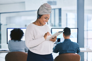 Office, black woman and happy with tablet at call center for research on customer service and...