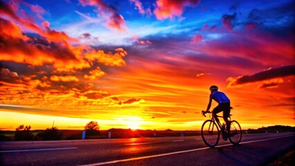 Fototapeta premium Silhouette of Cyclist Riding Towards a Vibrant Sunset