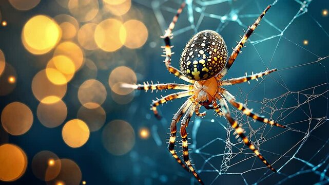 A Bokeh background featuring a golden spider in a web