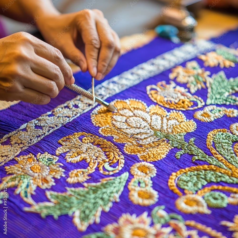 Poster Closeup of Hands Embroidering Purple Fabric with Golden Floral Pattern