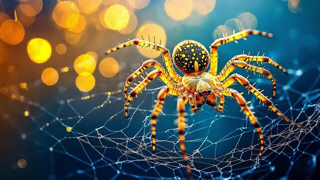 A Bokeh background featuring a golden spider in a web