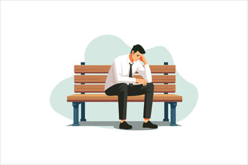 Man sad, depression. Lonely man sitting on the park bench. Young male character holding his head. Cloud of sad thoughts. Flat vector illustration.