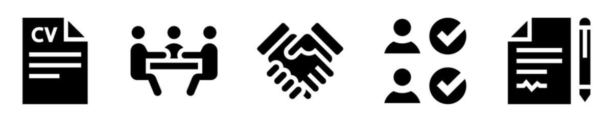 Hiring process icons set. Resume, interview, handshake, candidate selection, employment contract. Solid icons. Vector illustration