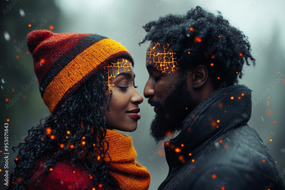 Poster winter neural connection a couples cognitive bond illuminated by a warm brain visualization in a col