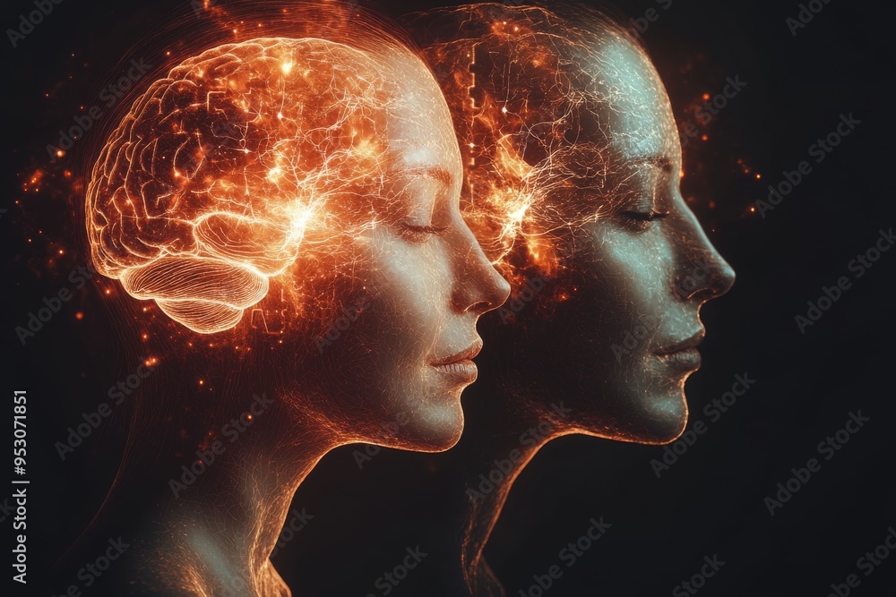 Poster cosmic neural dance a couples minds intertwined in a celestial brain visualization reflecting their 