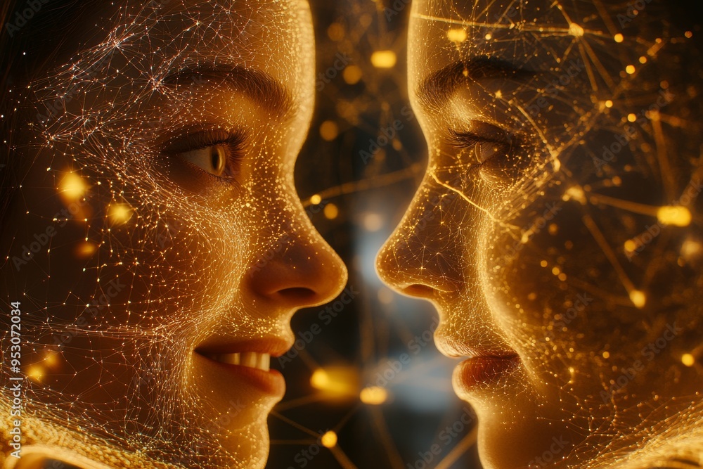 Poster symmetrical neural bond a couples perfect cognitive connection visualized through a mirrored brain a