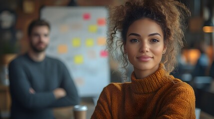 Colleagues in a contemporary workspace engaging in a creative brainstorming session with whiteboards and sticky notes.